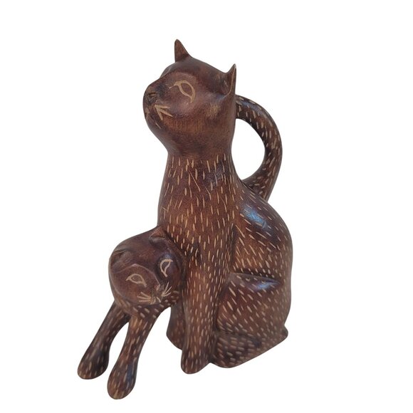 hand made wooden cat figurine 2 kitten cats carved out of wood art decor brown - Picture 7 of 8
